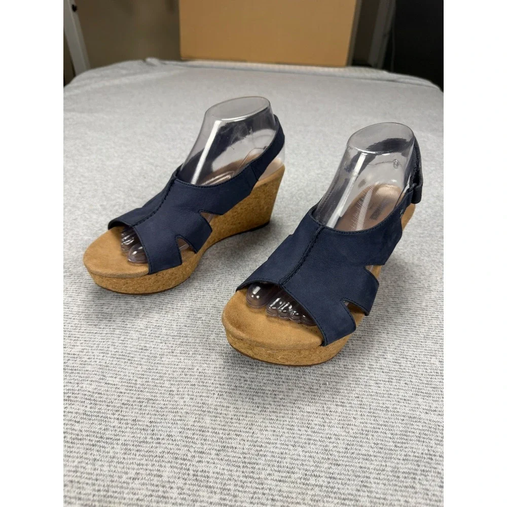 Clarks Collection Navy Blue Leather Cork Wedge Sandals‎ Womens 9.5 M